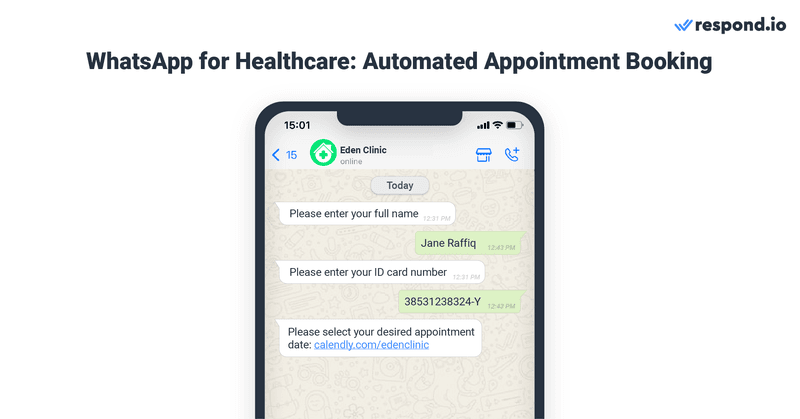 Esta imagem mostra como utilizar o WhatsApp nos cuidados de saúde. Uma das formas mais eficazes de gerir as consultas médicas é através de ferramentas de calendário como o Google Calendar ou o Calendly. É possível integrá-las no WhatsApp API através de respond.io para que possam ser acedidas durante as conversas.