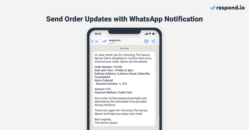 Dies ist ein Bild, das zeigt, dass Restaurants Bestellungsaktualisierungen an Kunden mit Whatsapp-Benachrichtigung senden können