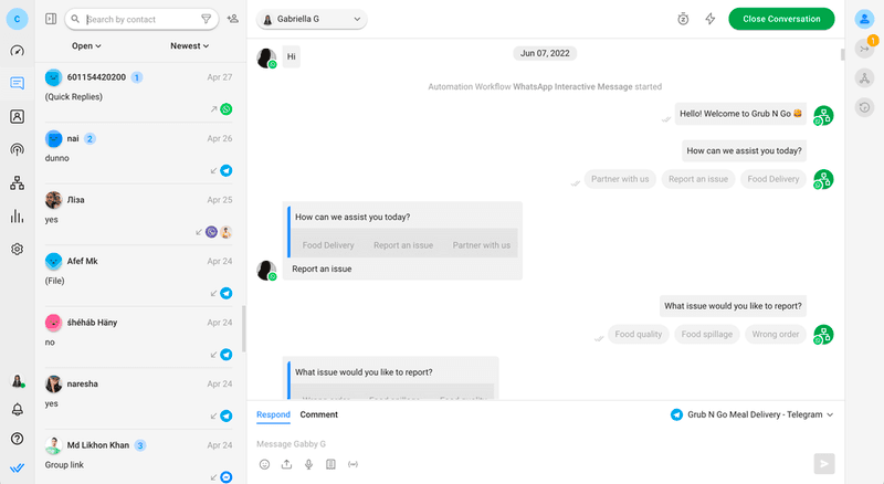 This is a screenshot that shows how you can consolidate all communication channels in an omnichannel inbox. Respond.io’s omnichannel inbox offers a solution for managing all customer inquiries across popular channels like Google Business Messages, Telegram, Facebook Messenger and more from one location. This guarantees a smooth customer experience while efficiently managing restaurant inquiries.