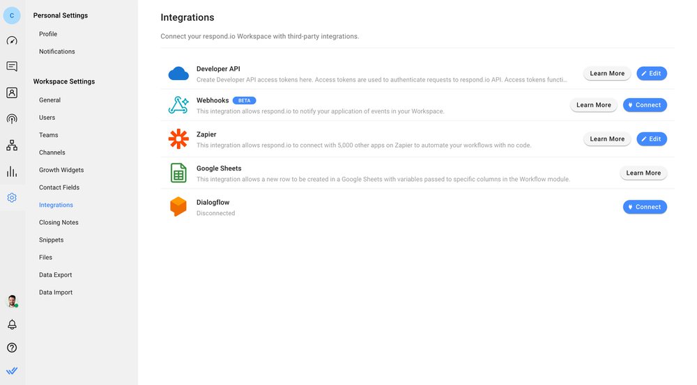 A customer messaging platform should seamlessly integrate with your existing software stacks, such as CRM systems and data warehouses.  This feature is important as it enables businesses to seamlessly share data between respond.io and other platforms, ensuring smooth information flow, streamlined operations and cohesive customer experiences. Businesses can integrate any software with respond.io, including data enrichment platforms like Clearbit and a range of applications that supports Zapier and Make.com integrations. You can also use Webhooks to trigger messages based on customer actions on external platforms like Shopify, WooCommerce, Magento and more. This includes abandoned cart messages, shipping updates, order confirmations, product recommendations and other relevant notifications.