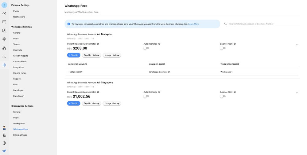 Dengan respond.io, Anda dapat mengelola Akun Bisnis WhatsApp (WABA) Anda dengan mudah. Hal ini termasuk mengelola saldo WABA Anda di Modul Biaya WhatsApp respond.iodan membuat serta mengirimkan templat pesan untuk disetujui. Anda juga dapat melihat peringkat kualitas nomor telepon Anda dan mengelola WhatsApp Business Profile di Modul Pengaturan. Jika Anda memiliki Akun WhatsApp Business dan ingin memanfaatkan kemampuan yang telah disebutkan, Anda dapat melakukan migrasi ke respond.io tanpa mengalami waktu henti.