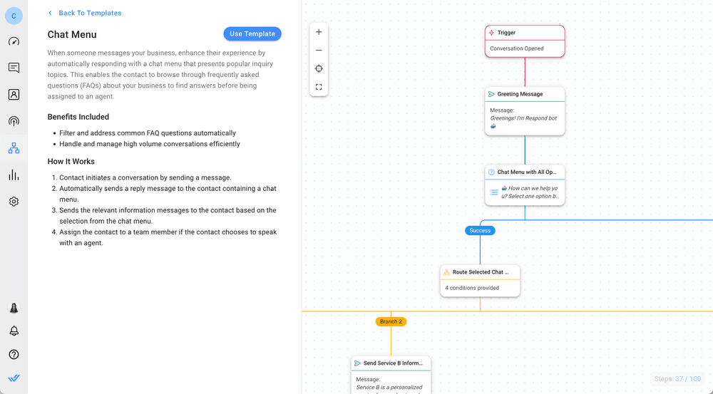 La mise en place d'un menu FAQ automatisé est un moyen efficace de rationaliser l'assistance à la clientèle et de fournir des solutions rapides. Les entreprises peuvent compiler et organiser les réponses aux questions les plus fréquemment posées et les intégrer dans leur flux de travail. De cette manière, les clients peuvent facilement accéder aux informations et trouver des réponses à leurs questions sans l'intervention d'un agent. Si les clients ne trouvent pas la solution dont ils ont besoin, vous pouvez inclure l'option permettant aux clients de poser des questions ouvertes et fournir un chemin d'escalade à l'agent. Cela permet aux entreprises de mieux comprendre les problèmes spécifiques auxquels les clients sont confrontés, ce qui se traduit par une assistance plus personnalisée et plus efficace.