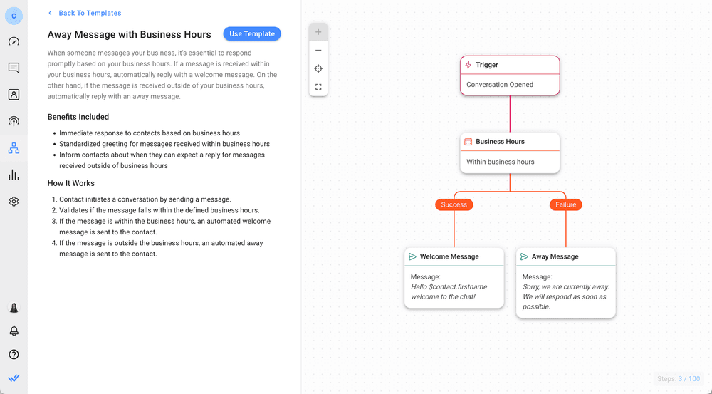 comment utiliser un logiciel d'automatisation du service client : Les clients attendent généralement des réponses rapides de la part des entreprises. Cependant, il est difficile d'y parvenir, surtout si votre entreprise ne fonctionne pas 24 heures sur 24 et 7 jours sur 7. Il est donc important de gérer leurs attentes lorsqu'ils vous contactent en dehors des heures de bureau. Respond.io permet aux entreprises d'envoyer des messages de bienvenue et d'absence aux clients dans de tels scénarios. Ces messages peuvent informer les clients du temps de réponse estimé et leur indiquer quand ils peuvent s'attendre à recevoir une réponse.  En gérant de manière proactive les attentes des clients, les entreprises peuvent démontrer leur engagement à fournir un excellent service, même en dehors des heures de bureau.