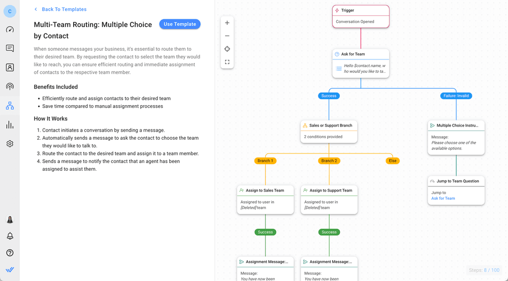 Assistance automatisée : Pour s'assurer que les clients reçoivent l'assistance dont ils ont besoin, il est crucial de les mettre en relation avec l'agent approprié à leur problème. Respond.io L'automatisation des flux de travail vous permet d'atteindre cet objectif en acheminant les clients vers la bonne équipe et en les assignant à l'agent approprié. Vous pouvez personnaliser vos options de routage pour répondre à vos besoins spécifiques, y compris le routage basé sur la langue et le routage basé sur l'équipe, entre autres. En outre, vous pouvez attribuer automatiquement les conversations en fonction de votre logique d'attribution, comme le round-robin, la répartition égale des conversations entre les membres de l'équipe d'assistance ou l'attribution des clients VIP à des agents dédiés. En tirant parti de la puissance de l'automatisation, les entreprises peuvent s'assurer que les demandes des clients sont dirigées efficacement, en éliminant la nécessité d'une affectation manuelle par les responsables et en veillant à ce que les agents ne prennent pas les conversations sans supervision appropriée.