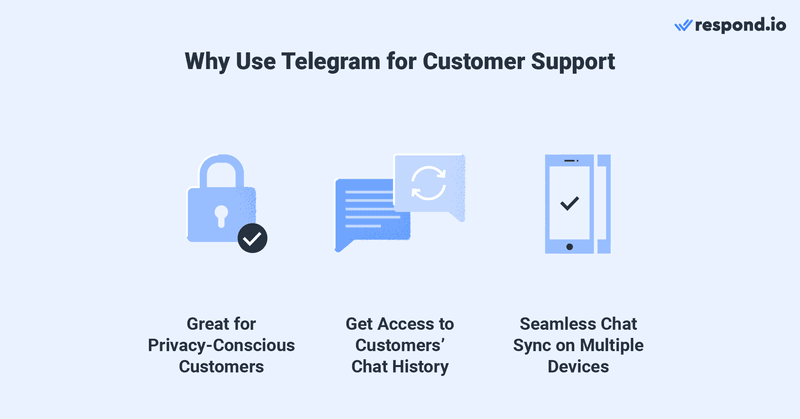 Telegram è un ottimo canale di messaggistica per i clienti attenti alla privacy. Inoltre, consente al team di assistenza clienti di Telegram di accedere alla cronologia delle chat dei clienti per prendere decisioni informate in base alla loro situazione. Non solo, Telegram aiuta le aziende a sincronizzare le loro chat senza problemi su più dispositivi. 