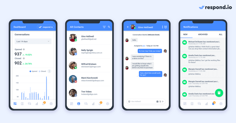 Respond.io pour Telegram Support Chat. L'application dispose de toutes les fonctionnalités disponibles sur le bureau, telles que le tableau de bord, les contacts et la messagerie, afin d'offrir aux agents une expérience de messagerie sans effort et la possibilité de répondre aux messages où qu'ils se trouvent. Les agents recevront une notification push chaque fois qu'ils recevront un nouveau message ou qu'ils se verront attribuer de nouveaux contacts, ce qui leur permettra de rester informés et d'éviter de manquer des messages. Pour obtenir l'application respond.io , téléchargez-la sur Google Play Store pour Android et Apple App Store pour iOS.