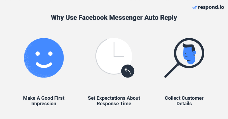 Esta é uma imagem que mostra as vantagens das mensagens de resposta automática do Facebook Messenger . Reconhecer os novos clientes com respostas automáticas do Facebook ajuda-o a causar uma boa primeira impressão. As mensagens de ausência também definem as expectativas correctas sobre o tempo de resposta quando não é possível responder imediatamente aos contactos do Messenger. Além disso, as empresas também podem tirar partido das mensagens de boas-vindas e de ausência, cumprimentando os clientes e pedindo os seus detalhes ao mesmo tempo. Consulte o blogue para obter mais informações sobre como definir a resposta automática facebook messenger e exemplos de resposta automática facebook messenger . Leia o blogue para obter mais informações sobre resposta automática no facebook, resposta automática na página do facebook, respostas automáticas, resposta automática no facebook, alterar resposta automática no facebook, como remover resposta automática no messenger, respostas automáticas no facebook messenger , resposta automática no facebook, como parar mensagens automáticas no facebook, mensagens automáticas no facebook, como desativar respostas automáticas no facebook, como automatizar respostas na página do facebook, responder ao meu messenger, chat automatizado facebook, resposta automatizada facebook, envio automático de mensagens facebook, como alterar resposta automática na página do facebook, como desligar mensagens automáticas na página do facebook, messenger reply bot, como alterar mensagens automatizadas no facebook, respostas automatizadas facebook perguntas frequentes, autoresponder para fb messenger, mensagens automatizadas facebook, resposta automática no facebook, autoresponder para messenger, e mensagens de automação facebook