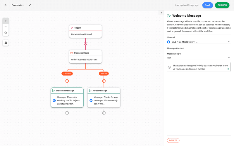 Esta é uma imagem que mostra como configurar respostas automáticas do Facebook utilizando respond.io. Na plataforma, adicione uma ou mais etapas Enviar uma mensagem.