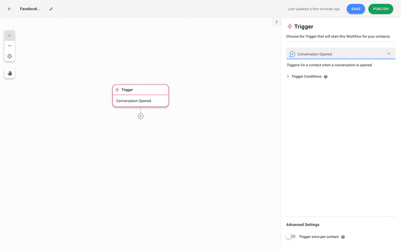 Esta é uma imagem que mostra como criar uma resposta automática em facebook messenger utilizando respond.io. Para começar, defina o acionador do fluxo de trabalho como Conversation Opened (Conversa aberta). Leia o blogue para obter mais detalhes sobre como configurar a resposta automática em facebook messenger.