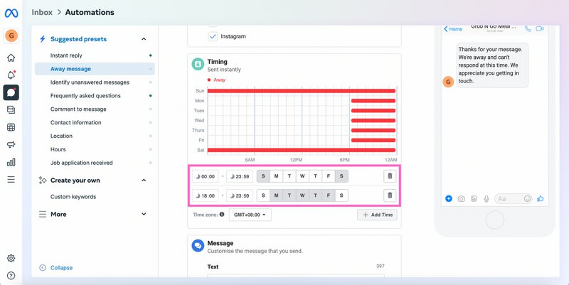 Définissez vos heures d'ouverture pour envoyer des réponses instantanées.