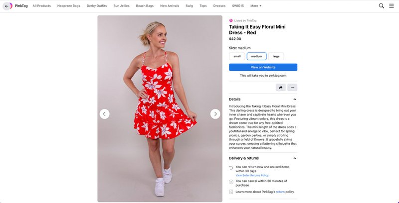 This image shows Fashion brand Pink Tag Boutique collaborated with a digital ad agency to optimize their Facebook presence. They set up a Facebook Business Shop with checkout functionality, allowing customers to make purchases directly on the platform.