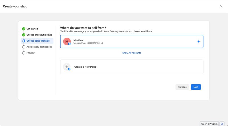 This image shows the fourth step of set up Facebook Shop: Select or create a Facebook Page.