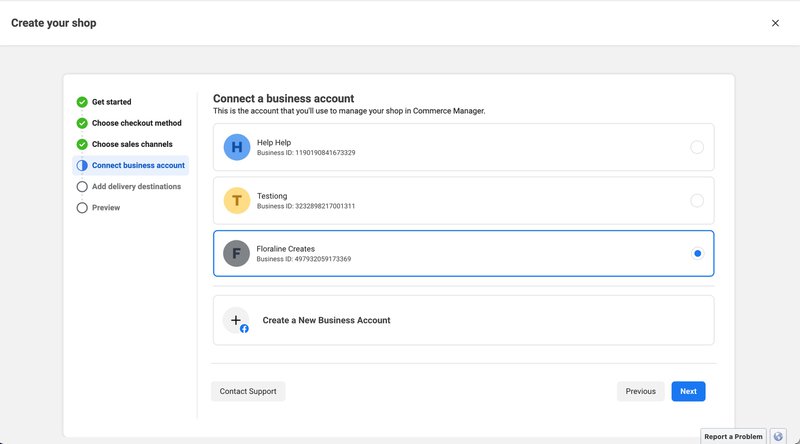 This image shows the step number five to create Facebook shop: Connect a business account.