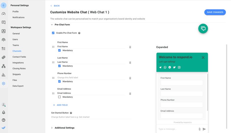 Bu, işletmelerin web sohbet widget'larında zorunlu iletişim alanlarına sahip bir ön sohbet formu aracılığıyla telefon numaraları ve e-posta adresleri gibi İletişim bilgilerini nasıl önceden toplayabileceklerini gösteren bir görüntüdür. Bu, eksiksiz Kişi profilleri oluşturmalarına ve yinelenen profillerin fark edilmesini önlemenin yanı sıra mesajlaşma pencereleri kapandıktan sonra Kişilerle sohbet etmelerine yardımcı olacaktır.