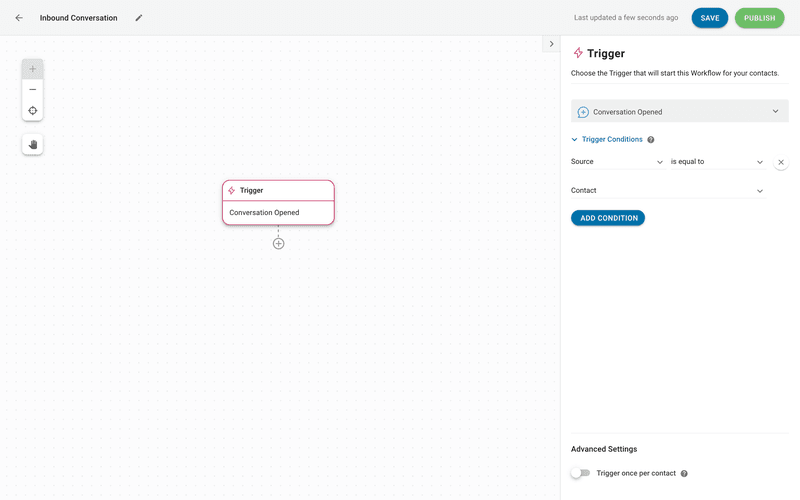 Dieses Bild zeigt, wie Sie einen Auslöser für einen Workflow für eingehende Konversationen einrichten. Um den Auslöser für Workflows für eingehende Konversationen einzurichten, navigieren Sie zum Workflow Builder. Wählen Sie dann "Conversation Opened" als Auslöser, damit der Workflow jedes Mal ausgeführt wird, wenn eine Konversation geöffnet wird.