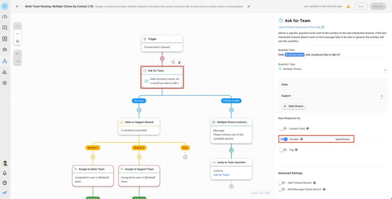 Questa immagine mostra il secondo passo per costruire un router di chat con respond.io Workflows: Salvare la risposta 