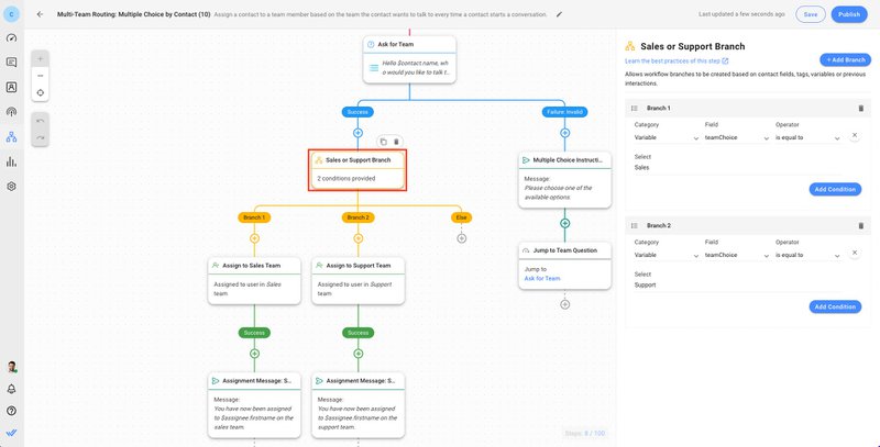 Questa immagine mostra il terzo passo per creare un router di chat con respond.io Workflows.