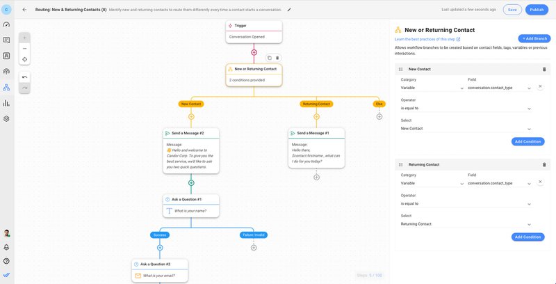 Questa immagine mostra come creare un chatrouter per i clienti nuovi e quelli di ritorno con respond.io Workflows.