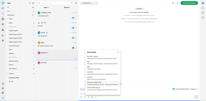 Snippets allow you to send canned responses to customers