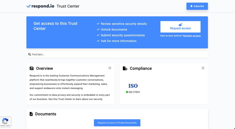 Esta imagem mostra o Trust Center de respond.io, onde pode obter mais informações sobre a conformidade com a norma ISO 27001.