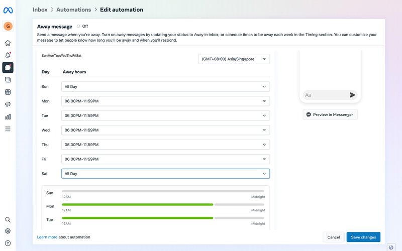 Esta é uma imagem que mostra como configurar uma Resposta instantânea na Caixa de entrada da página do Facebook. Para isso, programe horários para estar ausente todas as semanas na secção Tempo.