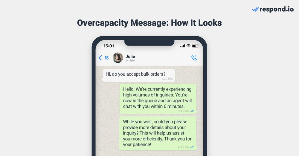 When agents are at maximum capacity, it will take longer than usual for conversations to be assigned to an agent. As a result, customers might prematurely exit the conversation under the assumption that they won't receive the necessary support. To address this issue, send an overcapacity message to inform them that you’re currently experiencing a high volume of inquiries. Your message can include an apology for the delay, an update on their position in the queue and an estimated response time. This assures customers that their concerns are acknowledged and not overlooked. By understanding the underlying reason for the wait, customers gain context, which often proves pivotal in preventing them from abandoning the conversation prematurely.