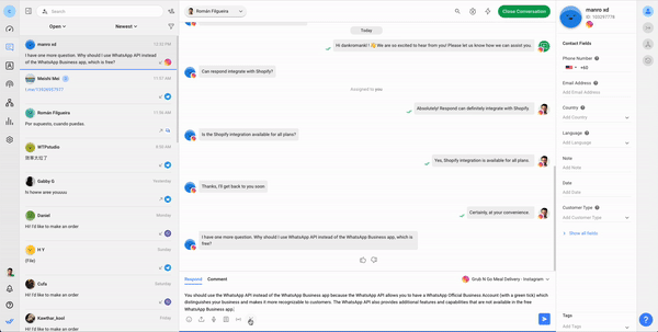 This image shows respond.io, one of the main faces in the world of artificial intelligence tools and platforms. With Respond AI, you can simplify your message language at the click of a button to help customers understand difficult concepts.