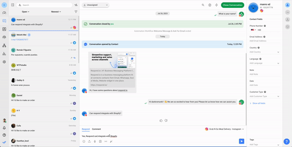 Questa GIF mostra respond.io, una delle migliori piattaforme di intelligenza artificiale conversazionale. Con Respond AI, è possibile regolare il tono della risposta con un semplice clic per garantire un'esperienza coerente con il cliente.