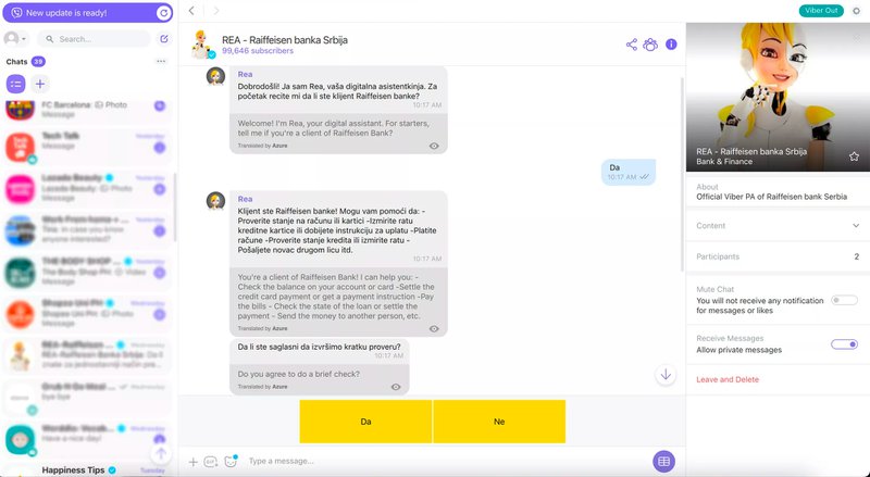 Viber 客户支持：此图显示了 Raiffeisen Bank 如何使用 Viber 客户支持