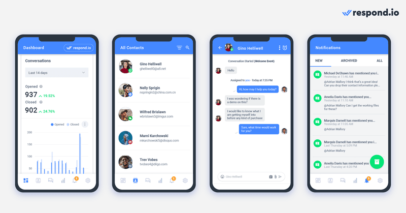 Respond.io mobile app has all the features available on the desktop, such as Dashboard, Contacts and Messaging to give agents an effortless messaging experience and the convenience of answering messages wherever they are. Agents will receive a push notification every time they receive a new message or when they are assigned new Contacts, allowing them to stay updated and avoid missing messages. To get the respond.io app, download it from Google Play Store for Android and Apple App Store for iOS.