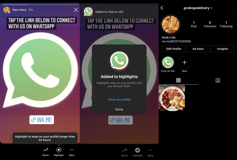 Esta es una imagen que muestra cómo Añadir enlace de chat de WhatsApp en Instagram. En primer lugar, crea una historia y añade tu enlace de WhatsApp en ella. Visualiza la historia publicada y haz clic en Destacar para mostrar la historia como destacada. Nombra el destacado Chat en WA o algo similar. Ten en cuenta que el nombre del Destacado está limitado a 15 caracteres. 