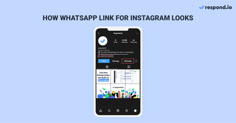 นี่คือภาพที่แสดงให้เห็นว่าลิงก์ WhatsApp สําหรับ Instagram ดู เหมือน ว่า ลิงก์ WhatsApp สําหรับ Instagram กํากับของคุณ Instagram ผู้เยี่ยมชมโปรไฟล์สําหรับการสนทนา WhatsApp มันอยู่ในรูปแบบของปุ่มการกระทําของ WhatsApp หรือ URL ของ WhatsApp ที่ขึ้นต้นด้วย wa.me สงสัยว่าจะเพิ่มลิงค์ whatsapp ได้อย่างไร instagram? อ่านบล็อกเพื่อเรียนรู้วิธีเชื่อมโยง WhatsApp กับ Instagram