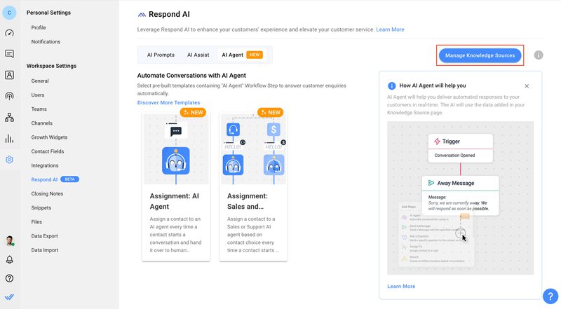 Gambar ini menunjukkan templat Alur Kerja respond.io untuk memulai dengan agen virtual AI