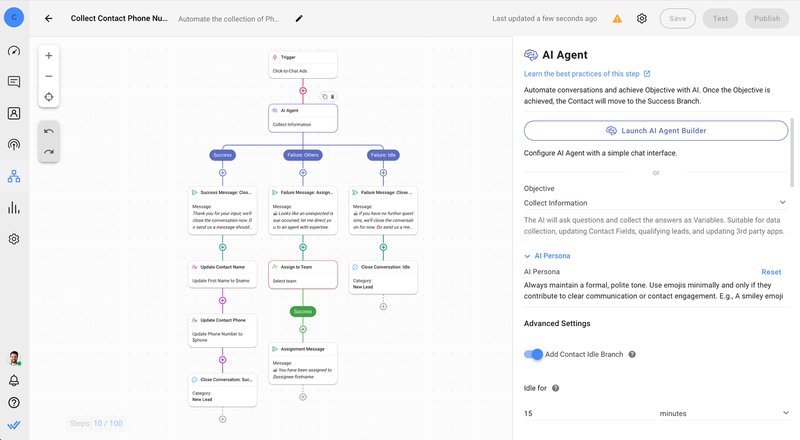 Dieses Bild zeigt einen respond.io Workflow, der dazu dient, Informationen von Leads zu sammeln.