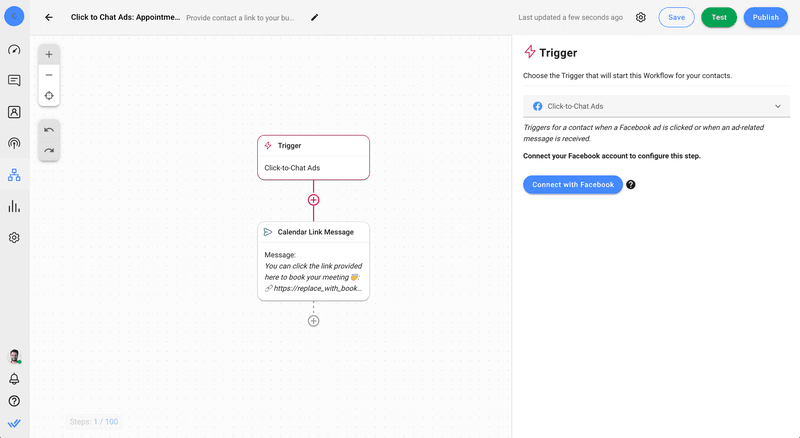 Esta imagem mostra um fluxo de trabalho que convida automaticamente os clientes potenciais a marcar um compromisso numa aplicação de calendário online.