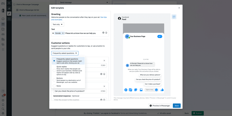 Esta imagem mostra como criar uma campanha Facebook Messenger no Meta Ads Manager. Crie um modelo com uma mensagem de boas-vindas para saudar os clientes e gerir as expectativas de tempo de resposta.