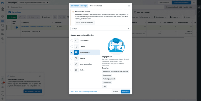 Esta imagem mostra como criar anúncios do Messenger no Meta Ads Manager. Seleccione o objetivo da campanha denominado Leads.