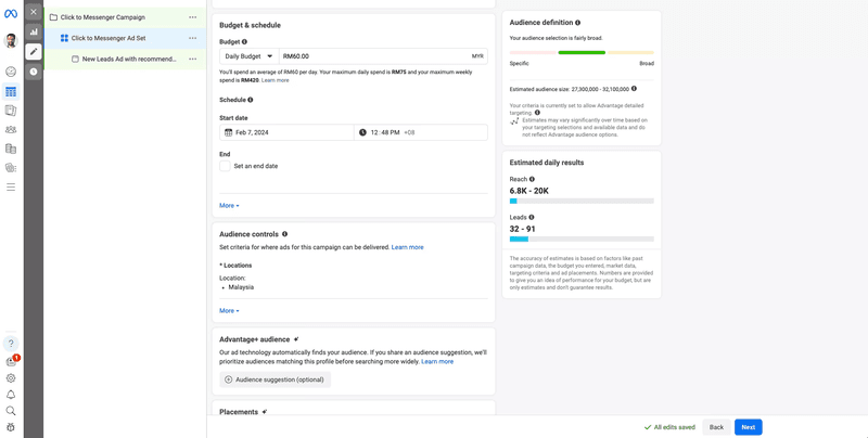 Esta imagen muestra cómo utilizar click to chat de Meta. Rellene su conjunto de anuncios en el Administrador de anuncios de Meta .