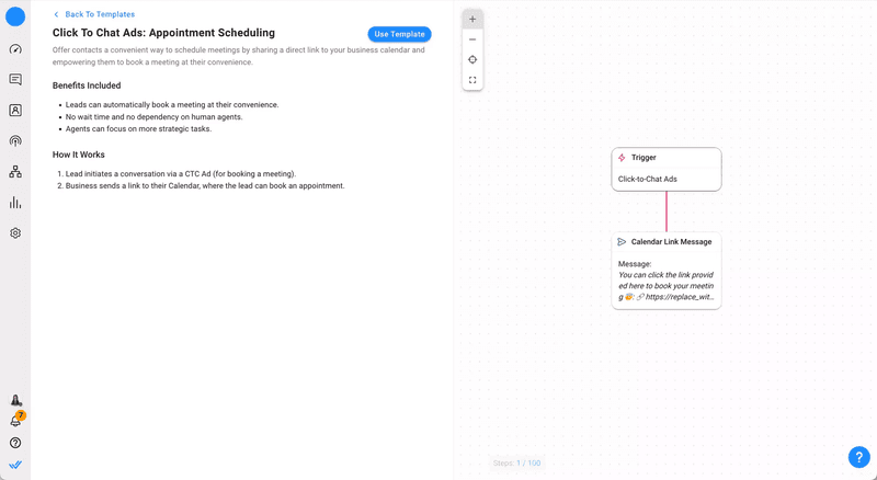 Untuk bisnis yang sangat bergantung pada penjadwalan janji temu, mengotomatiskan proses pemesanan dapat menjadi pengubah permainan, menghemat waktu yang berharga bagi agen. Dengan memanfaatkan respond.io Workflows, Anda dapat mengintegrasikan klik ke saluran chat dengan aplikasi kalender tim penjualan Anda.