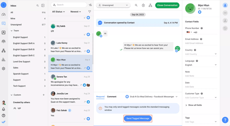 Después de captar clientes potenciales y añadirlos a su lista de contactos, querrá volver a interactuar con ellos mediante acciones de remarketing. Para los usuarios de WhatsApp API , este reencuentro puede lograrse utilizando plantillas de mensajes, mientras que las empresas que utilizan Facebook Messenger pueden aprovechar las etiquetas de mensajes para una interacción continua.