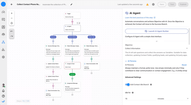 Questa immagine mostra come creare e addestrare l'agente AI respond.io per gestire le richieste e raccogliere informazioni sui contatti in modo efficiente. L'AI Agent Builder consente di personalizzare l'agente AI attraverso dialoghi interattivi, assicurando che si allinei perfettamente con i vostri obiettivi operativi.