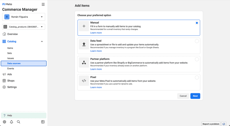 This image shows how to add items to your WhatsApp Catalogue Manager on Meta Commerce Manager. On the left column, click Catalog &gt; Data sources and select your preferred option.