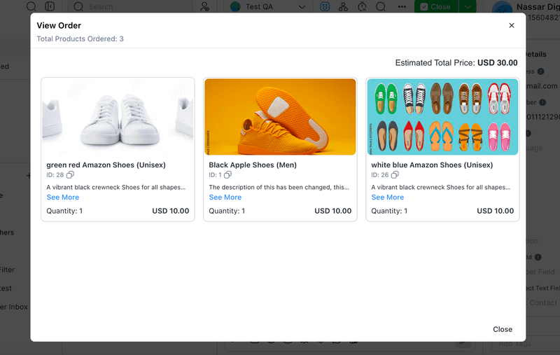 This image shows the WhatsApp Business Product Catalogue. If you are a respond.io user, you can process customer orders too. Whenever a customer places an order through the Catalog, you&#39;ll receive an incoming message and can view the order details directly.