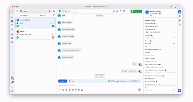 This image shows the WhatsApp Catalogue Maker on respond.io. With Meta Commerce Catalog integrated into your respond.io Workspace, you can share your WhatsApp Catalogs across various Modules and features, including: Messages, Workflows, Broadcasts, Mobile App, Zapier and Make.
