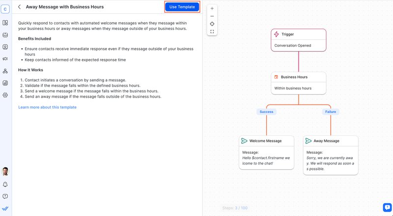 Esta imagen muestra cómo ver una plantilla de flujo de trabajo en respond.io