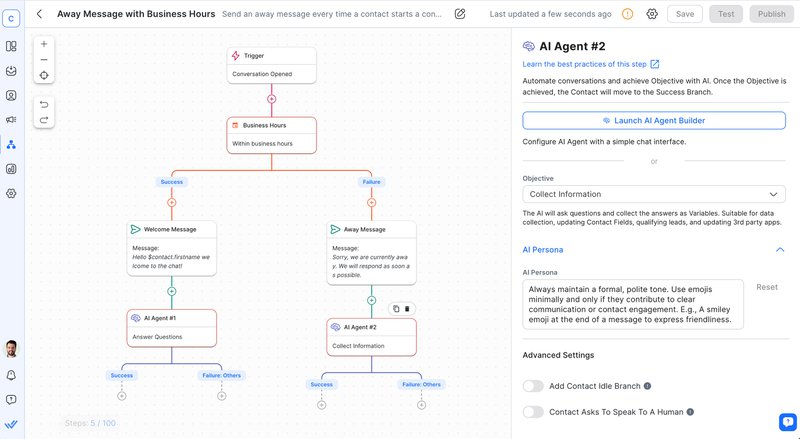 Esta imagen muestra cómo personalizar la respuesta automática en WhatsApp utilizando respond.io 