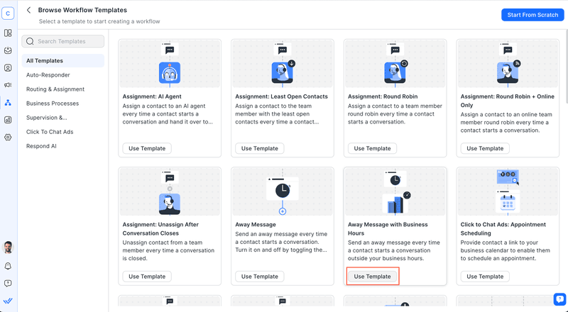 Esta imagen muestra cómo seleccionar un Mensaje de Ausencia con Horario Comercial en respond.io