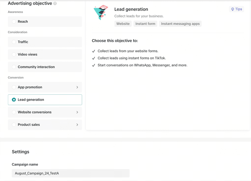 Una captura de pantalla que muestra el objetivo publicitario necesario para crear un anuncio de mensajería tiktok