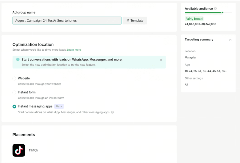 如何創建具有優化位置和目標受眾的tiktok廣告的螢幕截圖