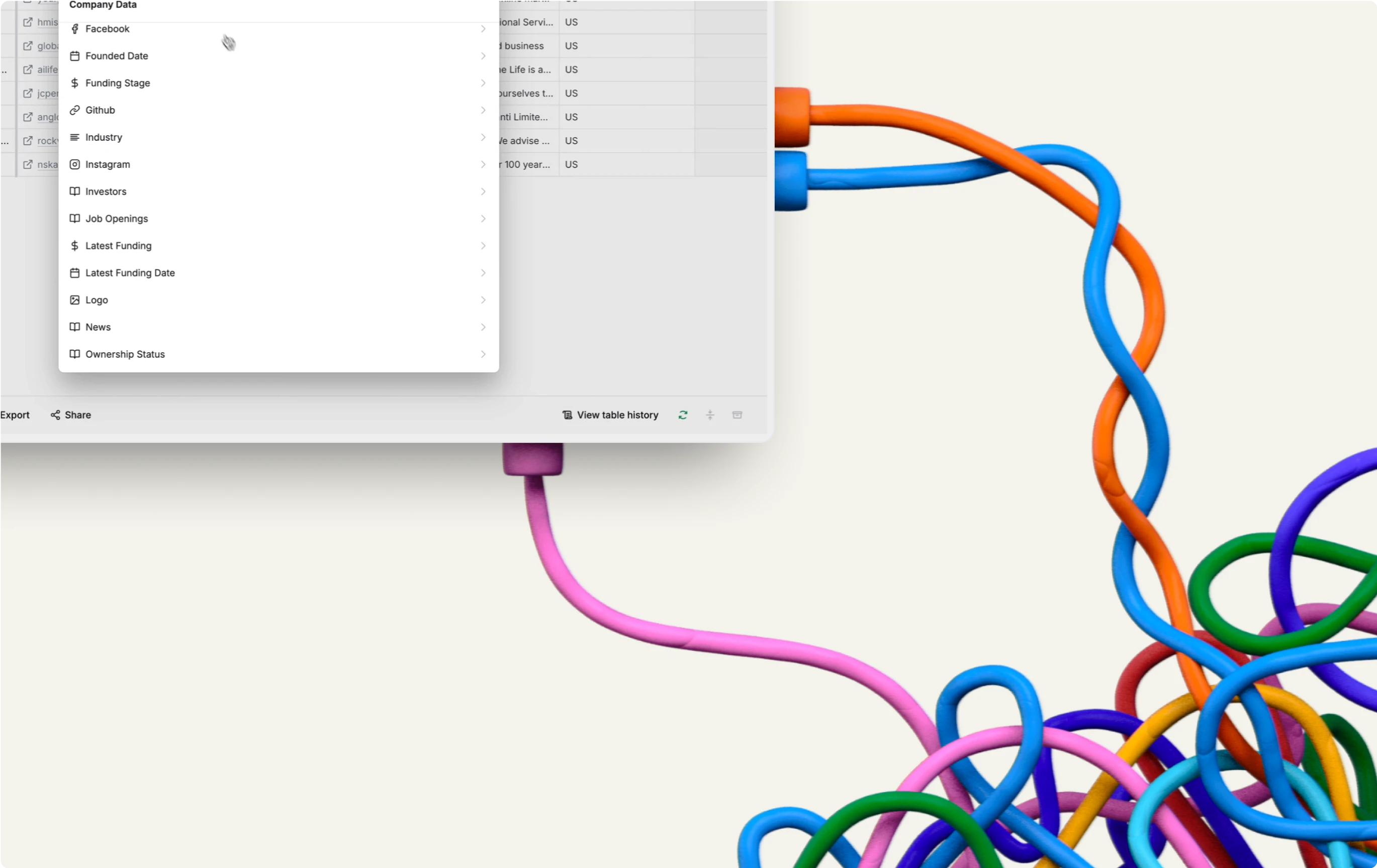 Clay branded illustration of a Clay table with colourful, 3D connectors made out of Clay around it